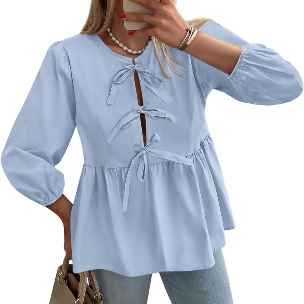 Women's Light Blue Bow Tie Babydoll Blouse